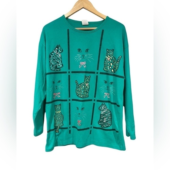 Vintage Cat T Shirt 90s Long Sleeved Emerald Green Cat Graphic Size Medium - Picture 1 of 5